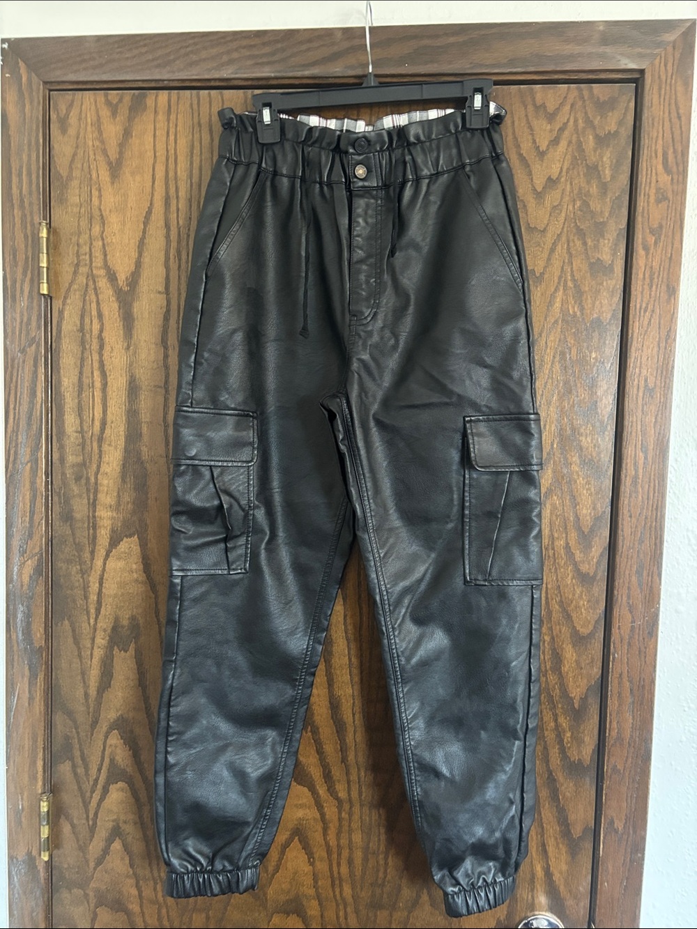 KanCan Black Faux Leather Cargo Joggers
